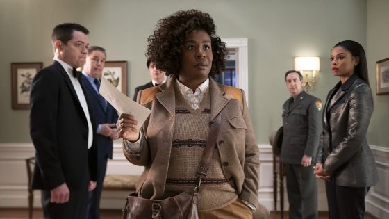 (L to R) Dan Perrault as Colin Trask, Spencer Garrett as Wally Glick, Ken Marino as Harry Hollinger, Uzo Aduba as Cordelia Cupp, Andrew Friedman as Irv Samuelson, Susan Kelechi Watson as Jasmine Haney in episode 101 of The Residence.