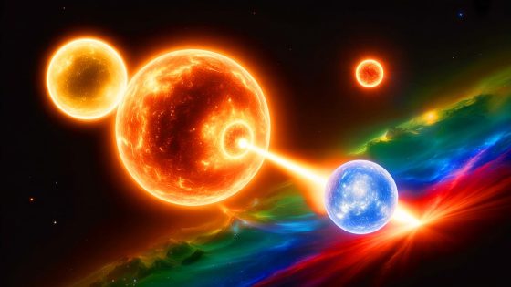 Illustration of triple-star systems influencing the formation of explosive white dwarf pairs, generated by artificial intelligence.
