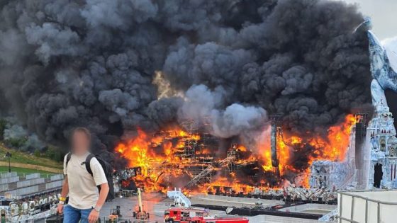 a fire at the festival site of the Tomorrowland electronic music festival, Wednesday 16 July 2025, in Boom. The first weekend of the festival takes place at the 'De Schorre' terrain in Boom, from 18 to 20 July. BELGA PHOTO STRINGER (Photo by BELGA MAG / Belga via AFP) (Photo by STRINGER/BELGA MAG/AFP via Getty Images)