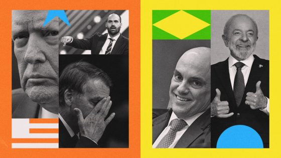 The illustration is showing Donald Trump, on the left on an orange background, with Eduardo Bolsonaro pointing down at Jair Bolsonaro, on the right we have lula da silva and Alexandre de Moraes on a yellow background