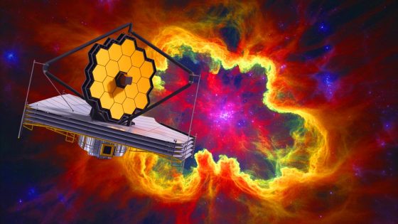 Illustration of the James Webb Space Telescope revealing star formation in the Cat's Paw Nebula, created by artificial intelligence.