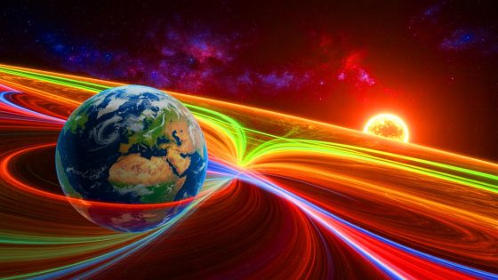 Illustration of Earth's magnetic field interacting with solar wind particles, generated by artificial intelligence.