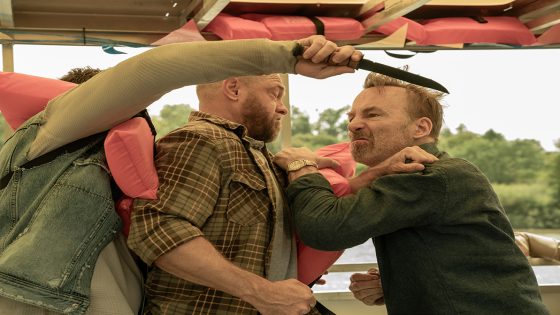 (from left) Boat Local Tough Guys (Nicholas Verdi, Loyd Bateman) and Hutch Mansell (Bob Odenkirk) in Nobody 2, directed by Timo Tjahjanto.