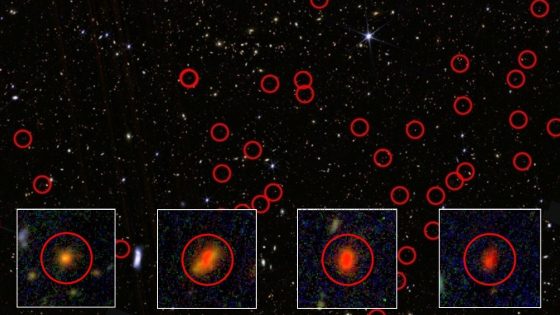 A series of red bubble looking spheres over a dark, starry background with four white cutout squares in the front enlarging four of the bubbles to show glowing balls of red light in each of the bubbles. 