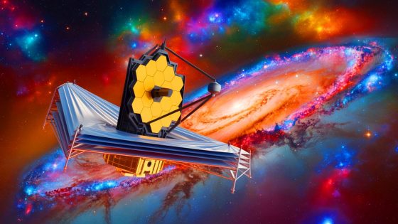 Illustration of the James Webb Space Telescope observing ancient galaxies.