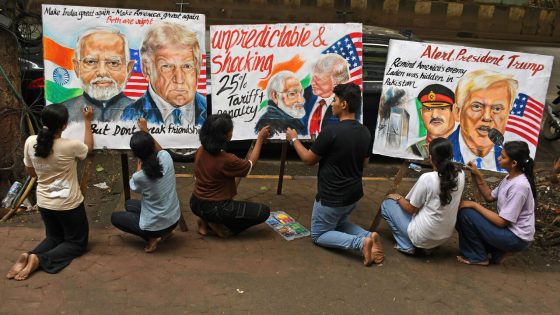 Students from Gurukul School of Art, paint posters with the portraits of Asim Munir, Chief of Army Staff of Pakistan, Prime Minister of India Narendra Modi, and U.S. President Donald Trump