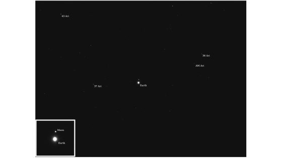 photo from deep space showing earth and the moon as two bright but small and distant dots