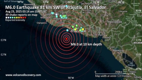 Very strong mag. 6.0 earthquake - North Pacific Ocean, Departamento de San Salvador, 81 km southwest of Acajutla, El Salvador, on Saturday, Aug 23, 2025, at 09:14 am (Universal Time) - - VolcanoDiscovery