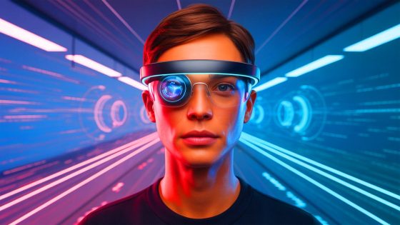 Illustration of a revolutionary VR display integrating holography, waveguides, and AI technology.