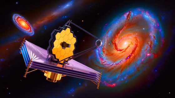 Illustration of the James Webb Space Telescope capturing ancient galaxies with a focus on their rotational directions.