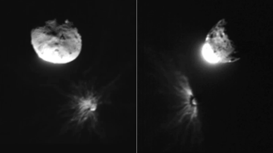 The image shows two side-by-side black and white photographs set against a completely black background. Left photograph: A bright, irregularly shaped object with a textured, uneven surface appears as a light gray to white form against the black background. Right photograph: A similar bright object is visible, but with a very bright white area on the bottom left. Extending from this bright area are several radial streaks or lines that stretch outward into the black background. Both images have similar framing, with the bright objects positioned in the upper portion of each frame and some streaking patterns visible in the lower portions of both images.