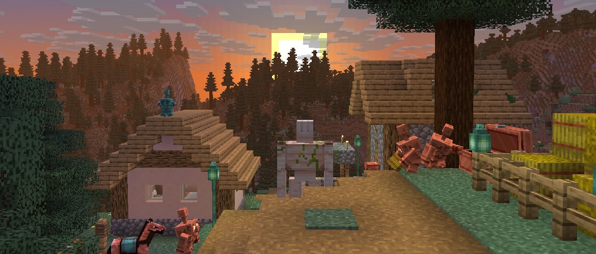Multiple Copper Golems are seen hard at work sorting items in a Village on top of a mountain. An Iron Golem is also roaming the Village.