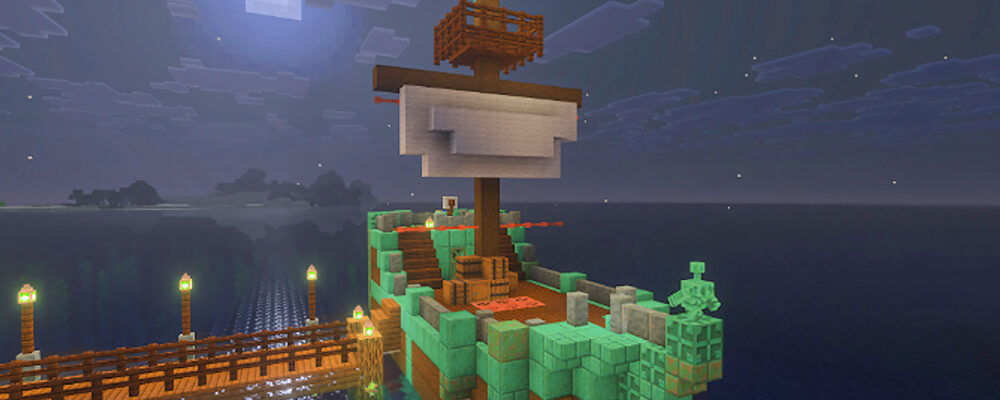 A pirate ship with an oxidized copper golem for the figurehead in the Minecraft Copper Age update.