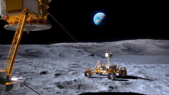 Illustration of Blue Origin’s Blue Moon Mark 1 lander with NASA’s VIPER rover on the Moon.