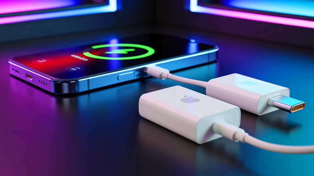 Illustration of the iPhone Air's USB-C charging capabilities being tested with various Apple chargers.